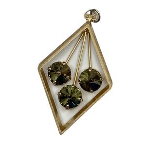 Vintage Gold Tone Metal Green Glass‎ Diamond Shaped Pendant Womens Statement